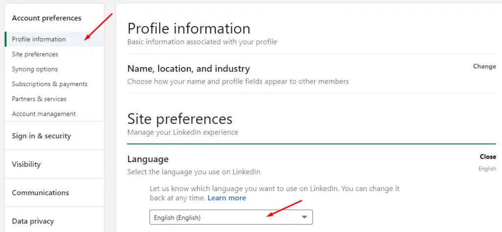 LinkedIn - zmien jezyk na angielski